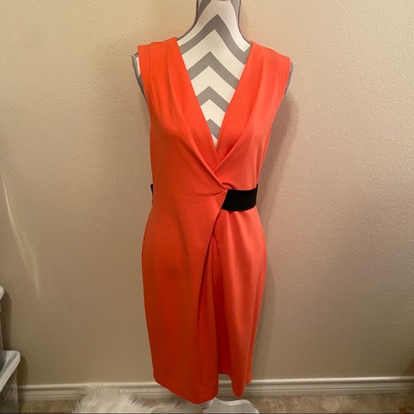 Kenneth Cole Samantha Orange V Neck Partial Wrap Sleeveless Sheath Dress Medium - Picture 1 of 16